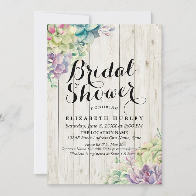 Bridal Shower Elegant Succulent Plants Rustic Wood Invitation (Front)