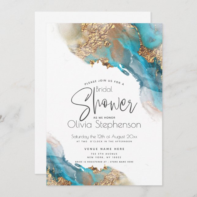 Bridal Shower | Elegant Teal Gold Alcohol Ink Invitation (Front/Back)
