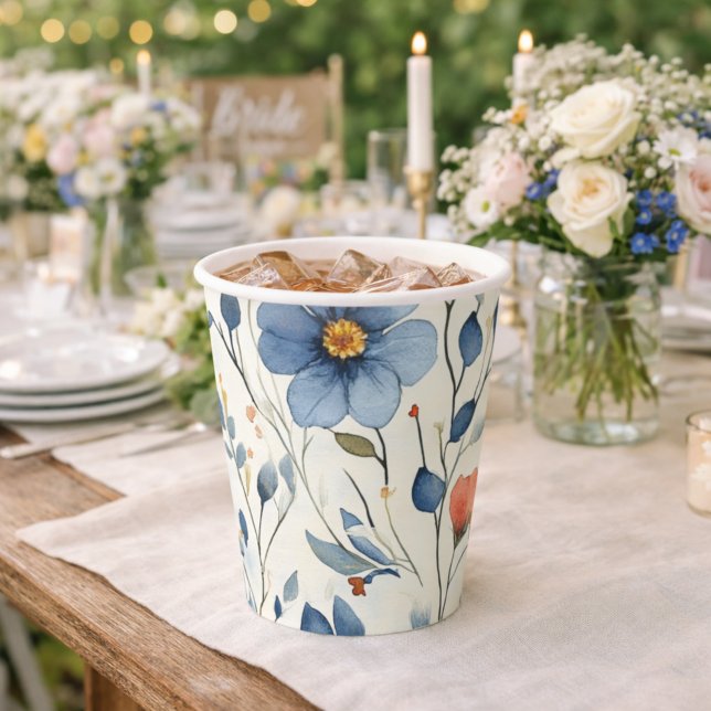 Bridal Shower Elegant Watercolor Blue Wildflower Paper Cups (Creator Uploaded)
