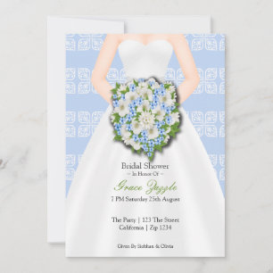 Bridal Shower Elegant Wedding Dress Blue Flowers Invitation