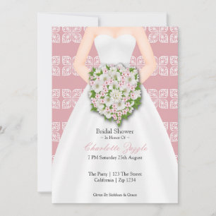 Bridal Shower Elegant Wedding Dress Pink Flowers Invitation