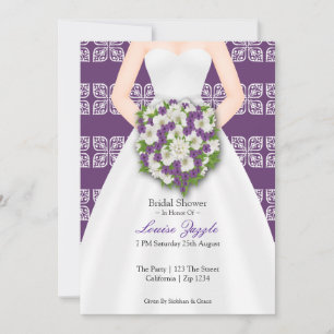 Bridal Shower Elegant Wedding Dress Purple Flowers Invitation