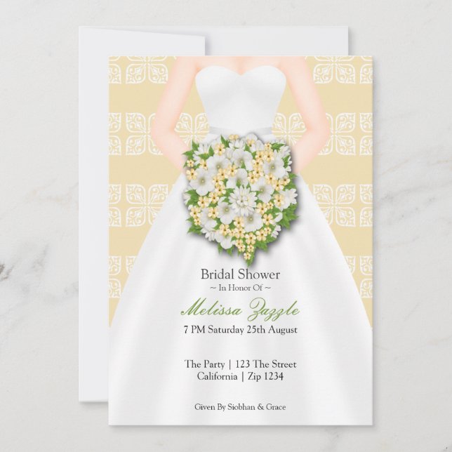 Bridal Shower Elegant Wedding Dress Yellow Flowers Invitation (Front)