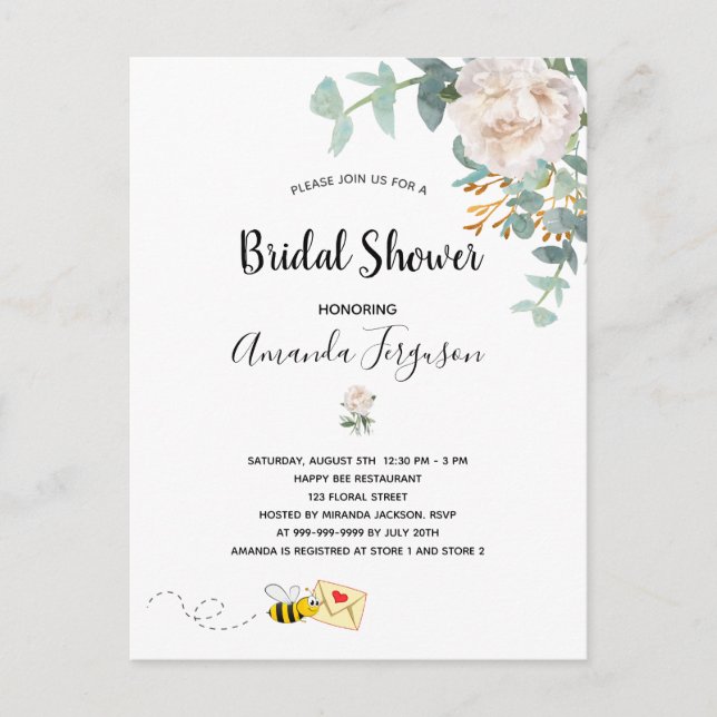 Bridal Shower eucalyptus floral bumble bee Invitation Postcard (Front)