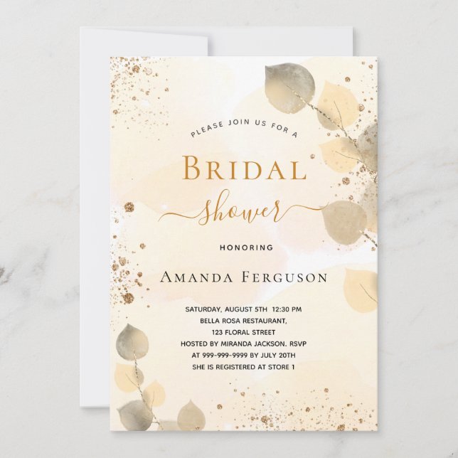 Bridal Shower eucalyptus glitter golden fall Invitation (Front)