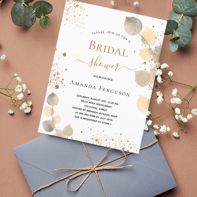 Bridal Shower eucalyptus glitter golden fall Invitation Postcard (Creator Uploaded)