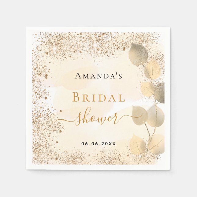 Bridal Shower eucalyptus golden glitter monogram Napkin (Front)