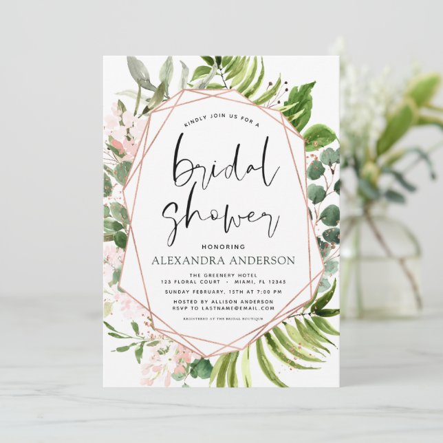 Bridal Shower Eucalyptus Greenery Rose Gold Invitation (Standing Front)