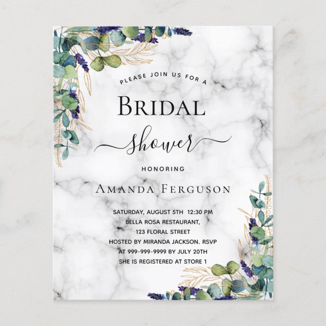 Bridal shower eucalyptus marble budget invitation (Front)