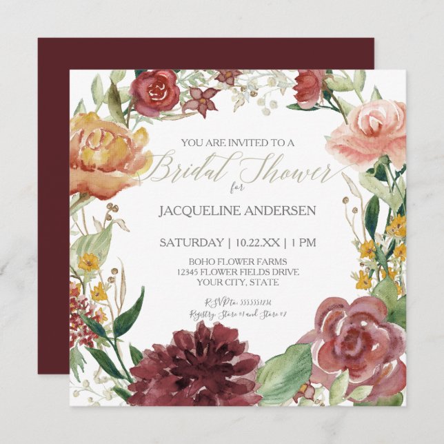 Bridal Shower Fall Floral Burgundy Blush Roses Invitation (Front/Back)