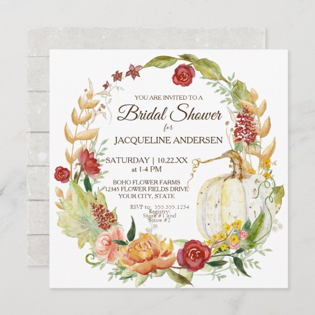 Bridal Shower Fall Floral Burgundy White Pumpkin Invitation (Front/Back)