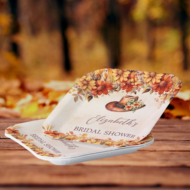 Bridal Shower fall orange florals cowgirl hat Paper Plate (Creator Uploaded)