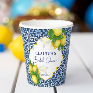 Bridal shower favour gifts blue tiles lemon Amalfi Paper Cups