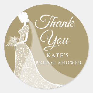 Bridal Shower Favour Gold and White Lace Gown Classic Round Sticker