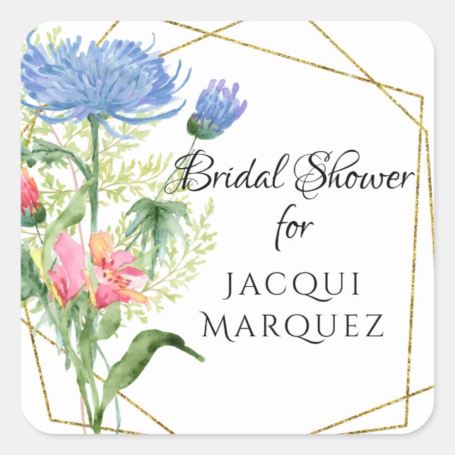 Bridal Shower Favour Modern Geometric Floral n Fer Square Sticker (Front)
