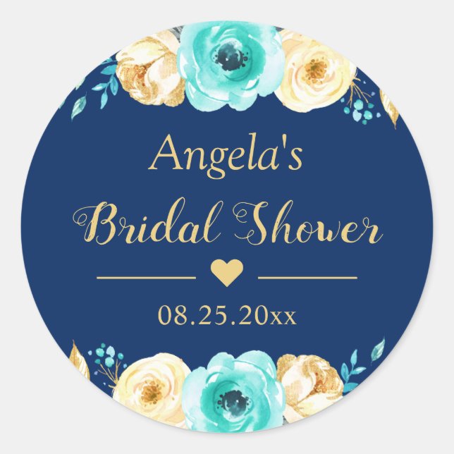 Bridal Shower Favour Navy Blue Mint Gold Floral Classic Round Sticker (Front)