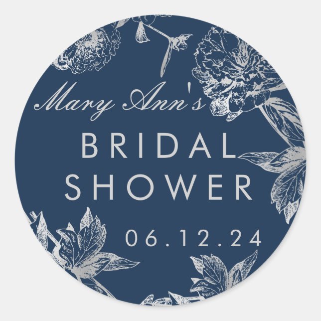 Bridal Shower Favour Simple Floral Silver Navy Blu Classic Round Sticker (Front)