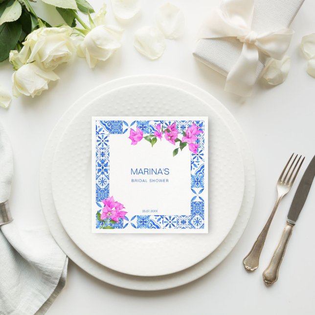 Bridal shower favours Blue Tiles Bougainvillea  Napkin (Bridal shower table decor Blue Tiles Bougainvillea printed Napkins personalized tableware)