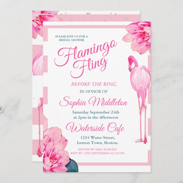 Bridal Shower Flamingo Fling Stripe Floral Chic Invitation (Front/Back)