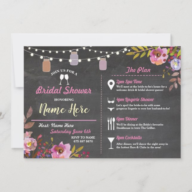Bridal Shower Floral Chalk Jars Pink Itinerary Invitation (Front)