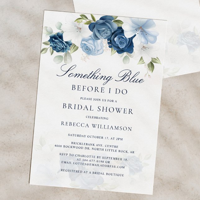  Bridal Shower Floral Dusty Blue Script Invitation (Floral Dusty Blue Script Bridal Shower Invitation)