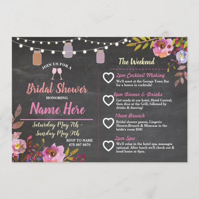 Bridal Shower Floral Jars Pink Itinerary Chalk Programme (Front)
