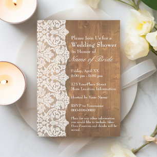 Bridal Shower: Floral Lace Pattern and Rustic Wood Invitation