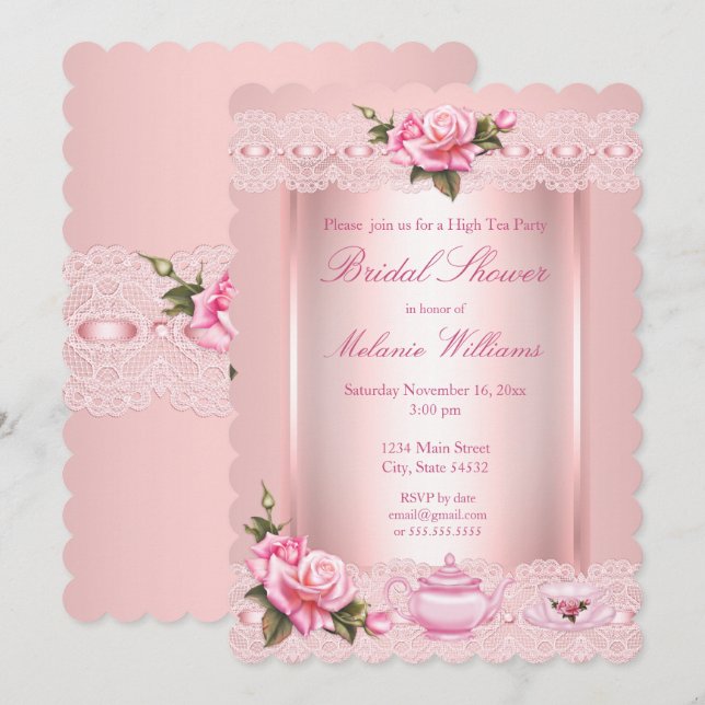 Bridal Shower Floral Pink roses High Tea Party Invitation (Front/Back)