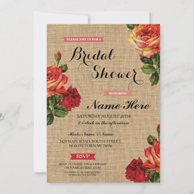 Bridal Shower Floral Red Roses Burlap Invite (Front)