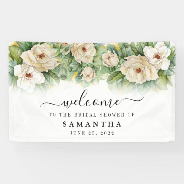 Bridal Shower Floral White Magnolia Name Welcome Banner (Horizontal)