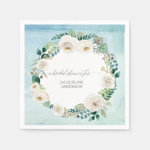 Bridal Shower Floral Wreath Blue Ivory Rose Rustic Napkin