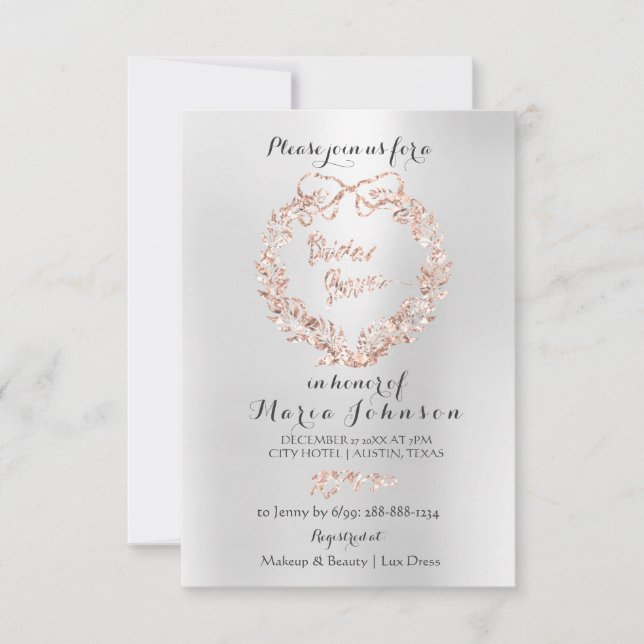 Bridal Shower Floral Wreath Silver Pink Rose Gold Invitation (Front)