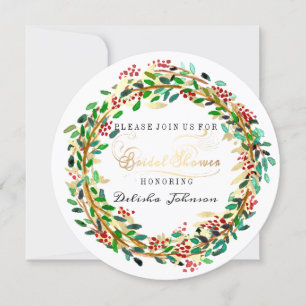Bridal Shower Floral Wreath White Green Gold Invitation
