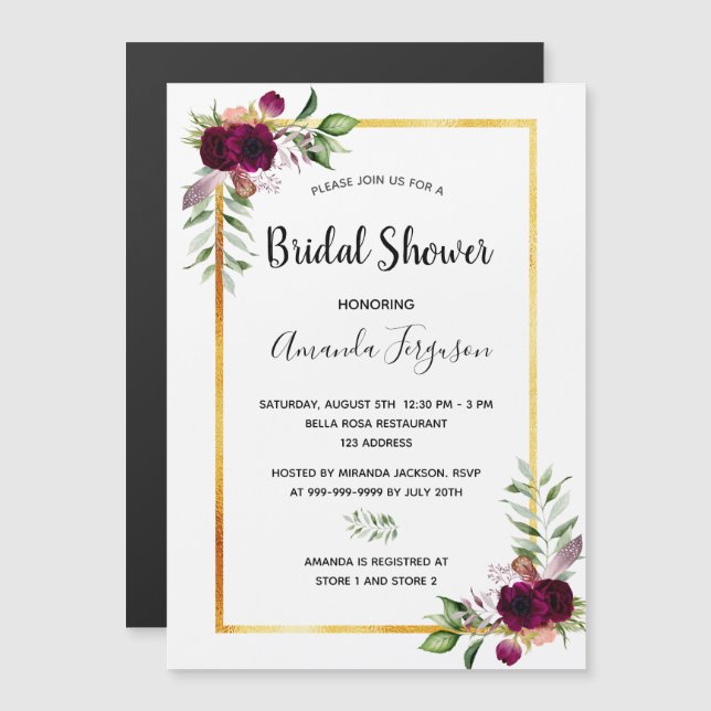 Bridal shower florals gold greenery boho burgundy magnetic invitation (Front/Back)
