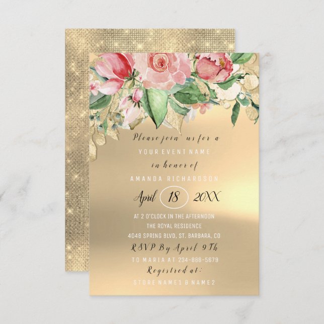 Bridal Shower Flower Brunch Green Gold Mint Roses Invitation (Front/Back)