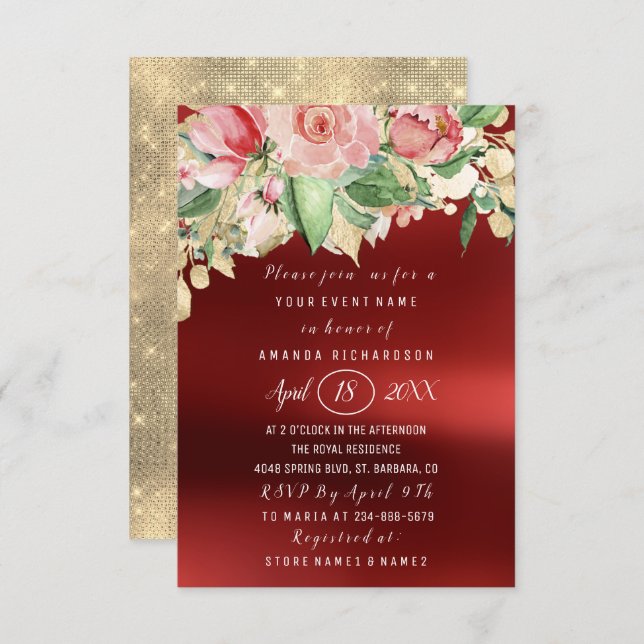 Bridal Shower Flower Brunch Greenery Gold Marsala Invitation (Front/Back)