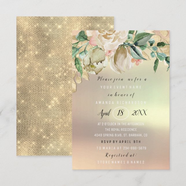 Bridal Shower Flower Brunch Greenery Ivory Gold Invitation (Front/Back)