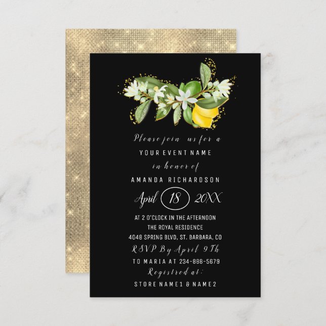 Bridal Shower Flower Brunch Lemon Green Black Invitation (Front/Back)