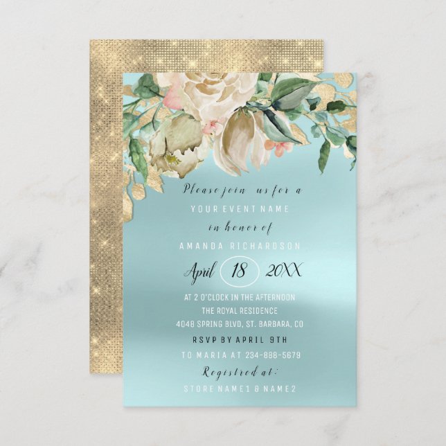 Bridal Shower Flower Brunch Spark Gold Blue Invitation (Front/Back)