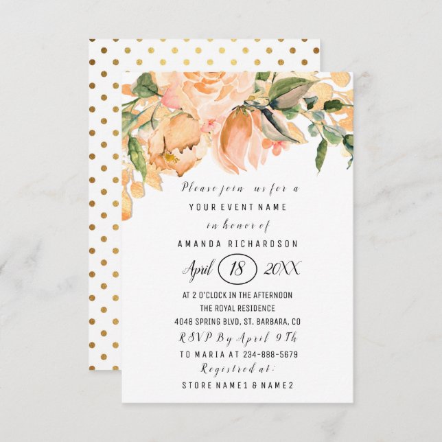 Bridal Shower Flower  Coral  Gold Glitter Dots Invitation (Front/Back)