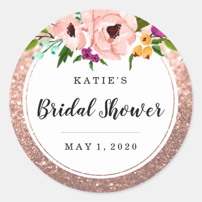 Bridal Shower Flower Crown Glitter Pink Rose Gold Classic Round Sticker (Front)