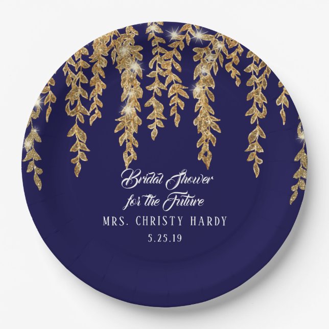 Bridal Shower Future Mrs. Navy Gold Willow Leaf Paper Plate (Front)