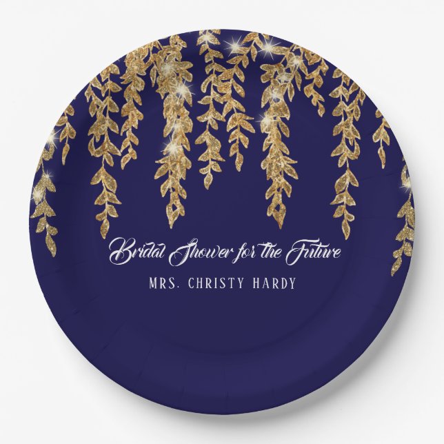 Bridal Shower Future Mrs. Navy Gold Willow Leaf Paper Plate (Front)