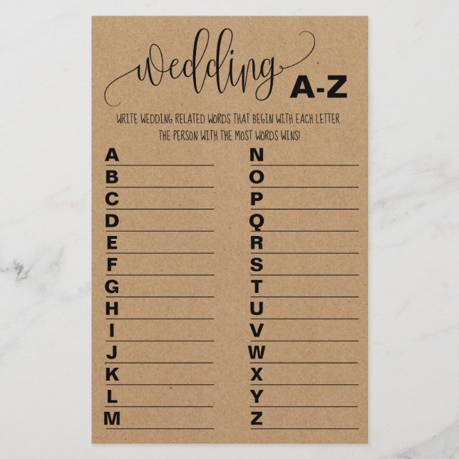 Bridal Shower Game A to Z Card (Front)