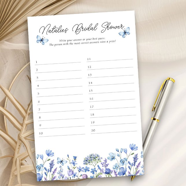 Bridal Shower Game Blue Wildflower Answer Sheet (Bridal Shower game cards for answers to your diy quiz - Blue Wildflower Bridal Shower Collection)