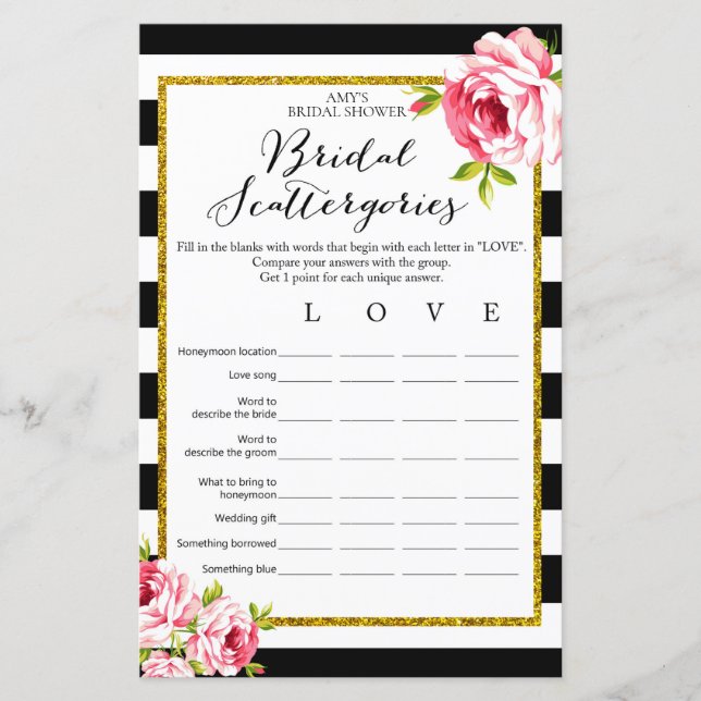 Bridal Shower Game - Bridal Scattergories (Front)