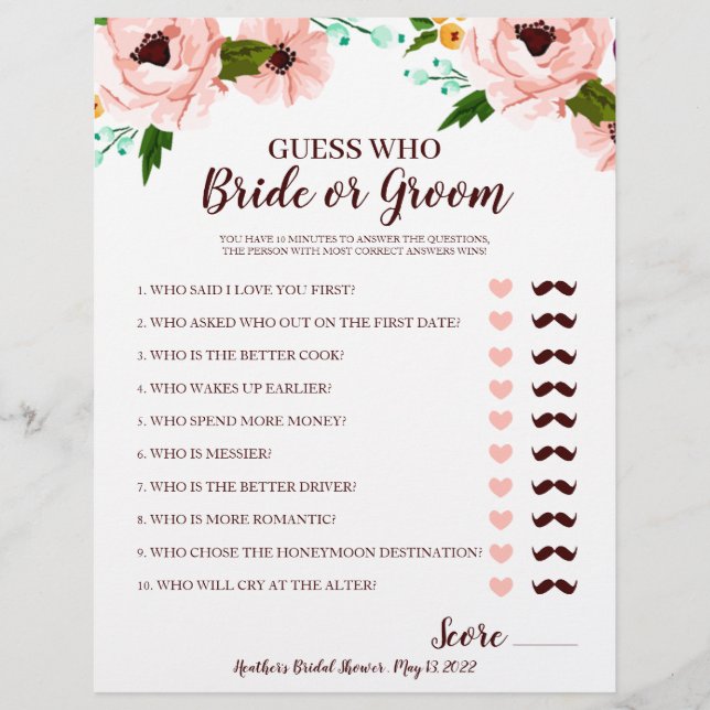 Bridal Shower Game Bride or Groom Floral (Front)