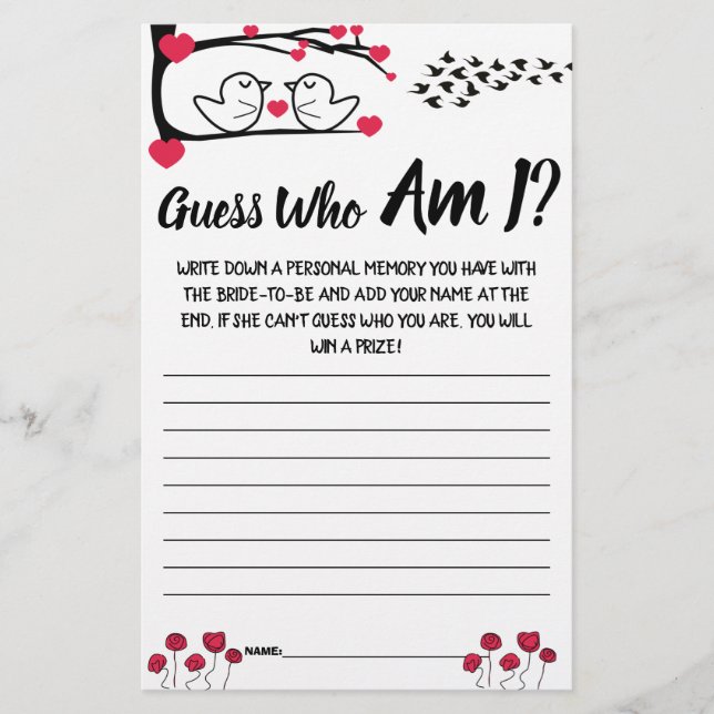 Bridal Shower Game Card Guess Who am I? (Front)