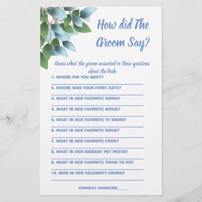  Bridal Shower Game Card What did the Groom Say (Front)