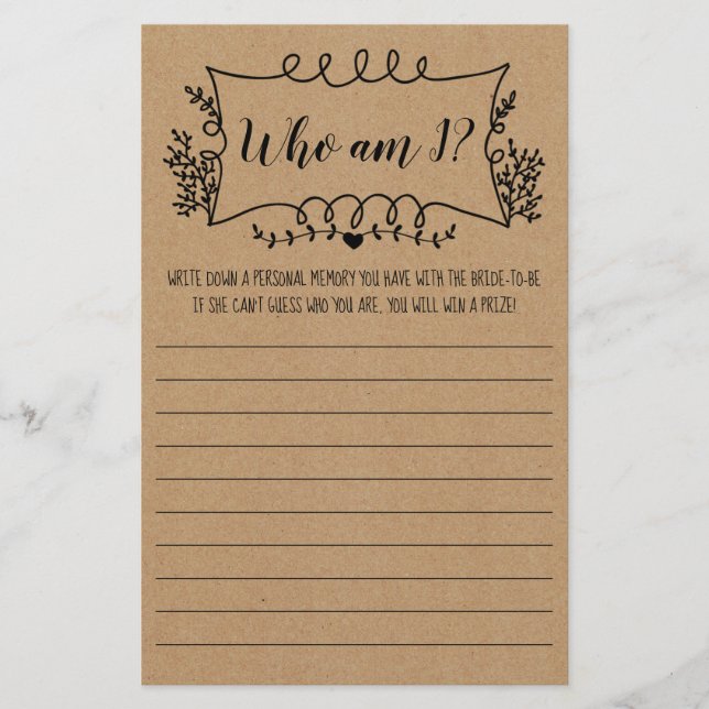 Bridal Shower Game Card Who am I  (Front)